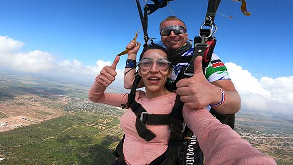 Licensed skydivers fun jumping over Diani Beach Kenya