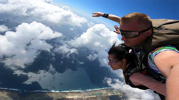 Tandem skydiving over Diani Beach Kenya with ocean views